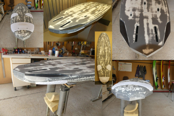 Twinser Slalom Special, 120l, 238 x 70cm, 6.6 kg (für die Regatta Kampfflotte der Bundeswehr - das Bundeskampfboard "Uschi V." Prototyp mit Tarndesign? Der Webmaster :-))